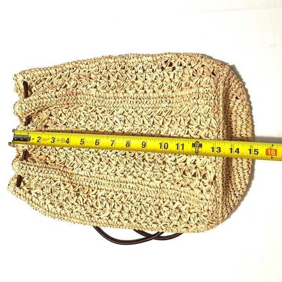 Zara Woven Raffia Straw Drawstring Backpack Tote Bag Neutral - Picture 13 of 15